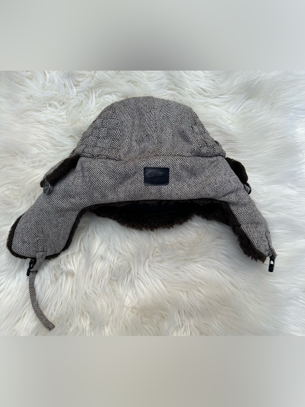 Men's Herringbone Trapper Hat with Faux-Fur Lining - Gray/Brown